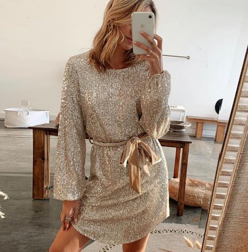 LOBO | Vestido elegante bege glitter para ocasiões especiais