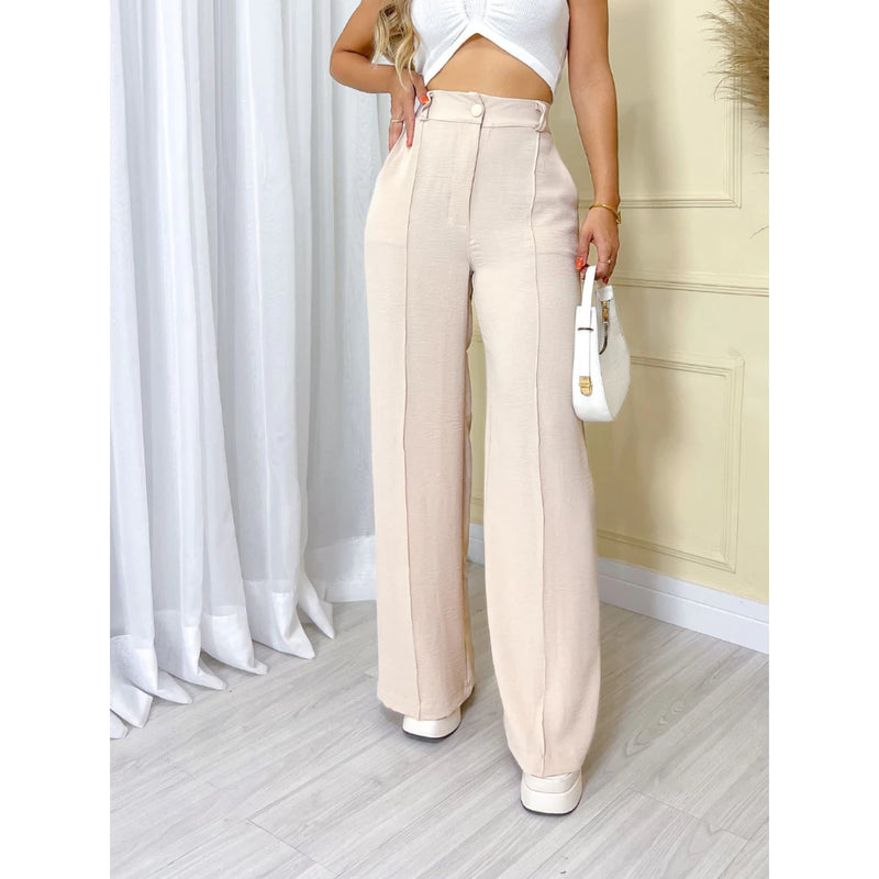 Calça Feminina Pantalona Wide Leg Duna com Botão Tendência