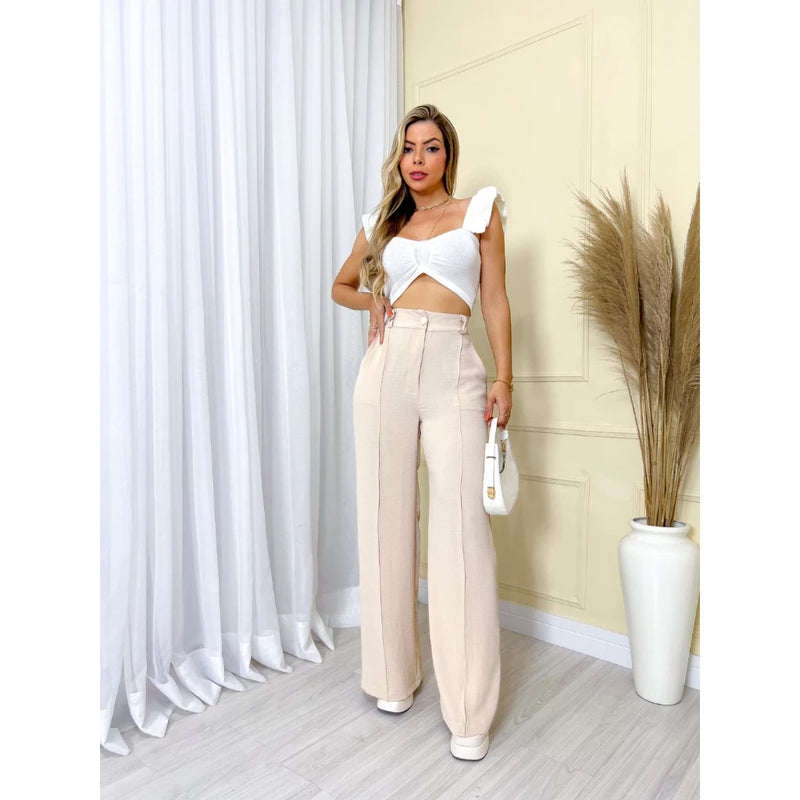 Calça Feminina Pantalona Wide Leg Duna com Botão Tendência