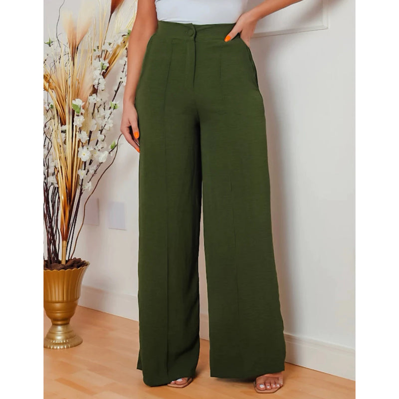 Calça Feminina Pantalona Wide Leg Duna com Botão Tendência