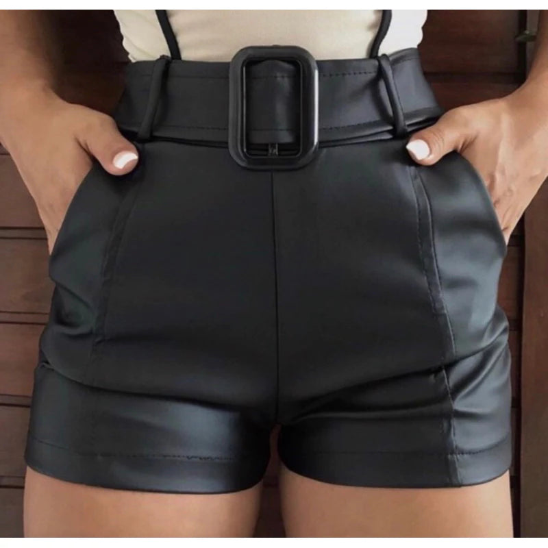 Shorts Feminino De Couro Fake Tecido Cirre Short Preto De Fivela