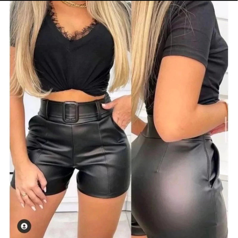 Shorts Feminino De Couro Fake Tecido Cirre Short Preto De Fivela