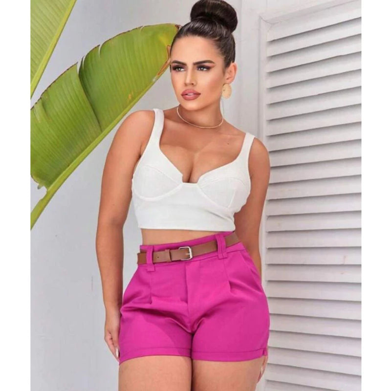 Short Feminino Alfaiataria Social com Cinto Cintura Alta PROMOÇÃO